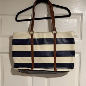 Banana Republic Navy and Cream Striped Tote with Brown Handles